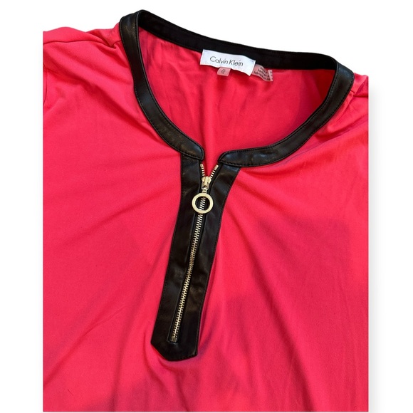Calvin Klein Faux Leather Zip-Up Tunic Top Blouse Roll-Tab Sleeves Size XL - Picture 2 of 6